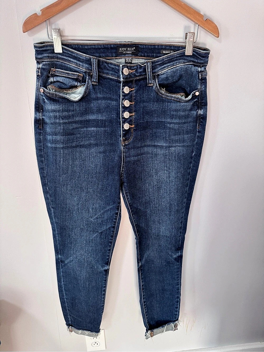 Judy Blue High Rise Exposed Button Fly Skinny Jeans Blue Waist 15/32